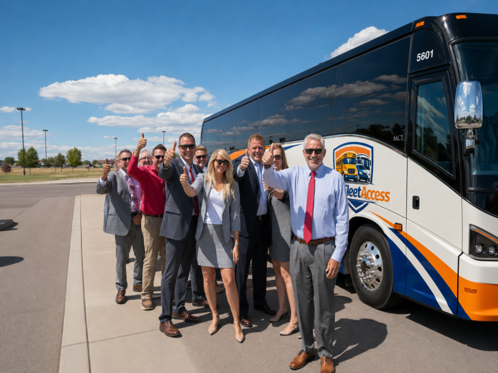 Fleet Access coach bus with transportation team standing beside the vehicle