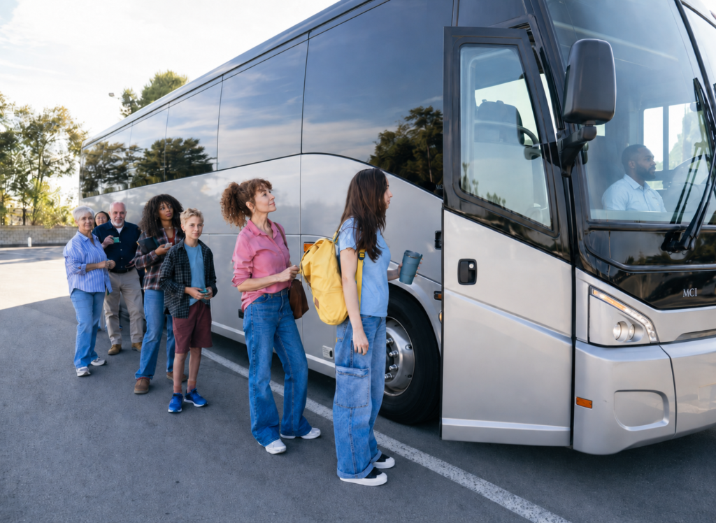 Passengers boarding an MCI coach bus with a professional driver