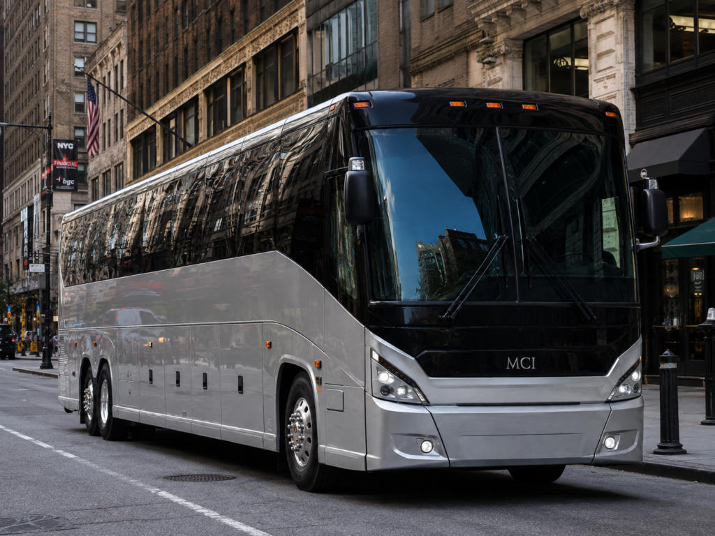 Silver MCI coach bus on a Manhattan street surrounded by classic New York City buildings.