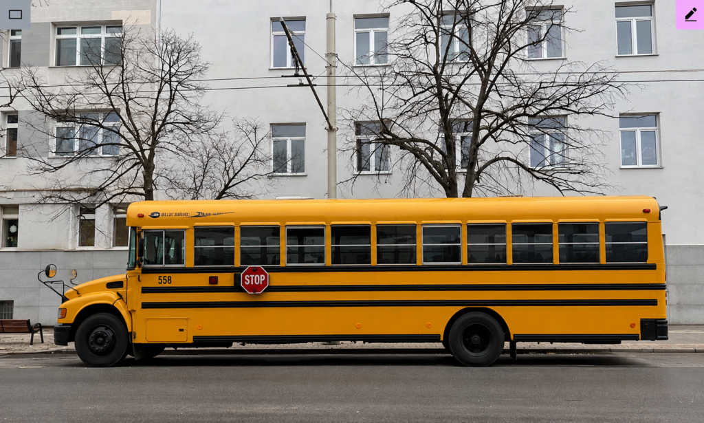 Yellow Blue Bird school bus parked on a city street with black trim and a red