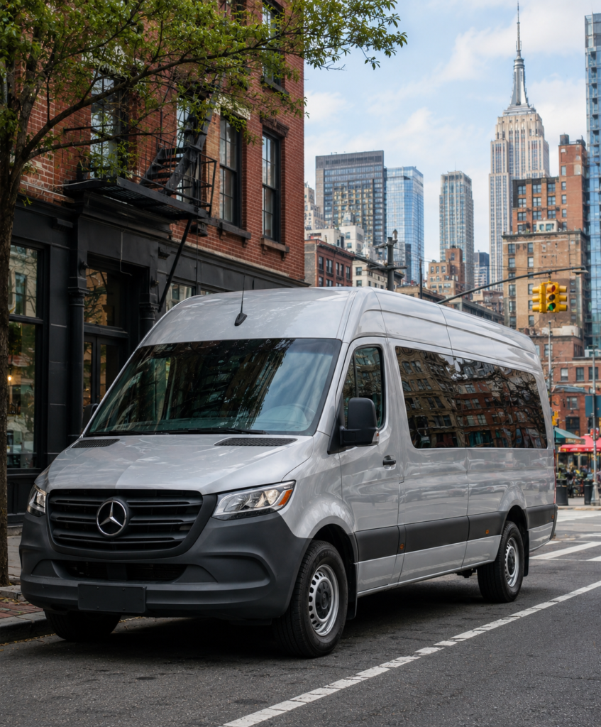 Silver Mercedes-Benz Sprinter passenger van parked on a New York City street with Manhattan buildings in the background.